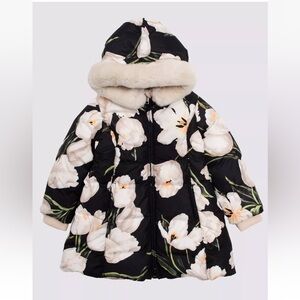 DOLCE & GABBANA Kids Down Jacket Size 3Y Tulip Pattern Rabbit Fur Trim $1242 NWT